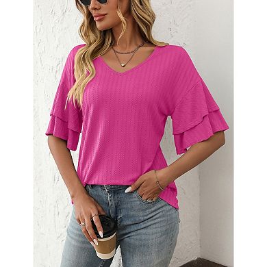 Blueming Women's Short Ruffle Sleeve V Neck Jacquard Casual Loose Top