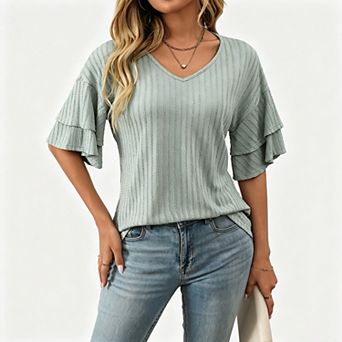 Blueming Women's Short Ruffle Sleeve V Neck Jacquard Casual Loose Top