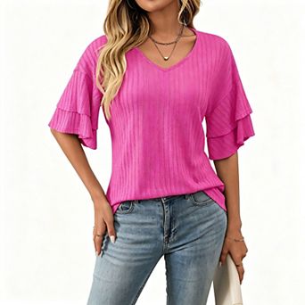 Blueming Women's Short Ruffle Sleeve V Neck Jacquard Casual Loose Top