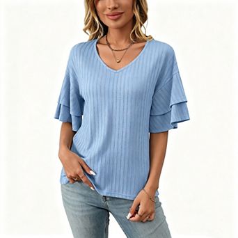 Blueming Women's Short Ruffle Sleeve V Neck Jacquard Casual Loose Top