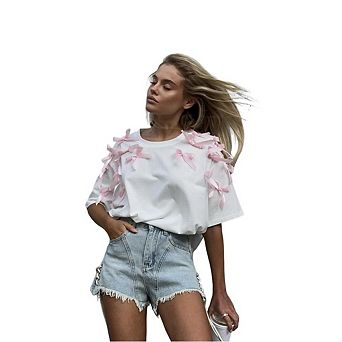 Women's Cute Ribbon Bow Loose Short Sleeve Casual Cotton Top