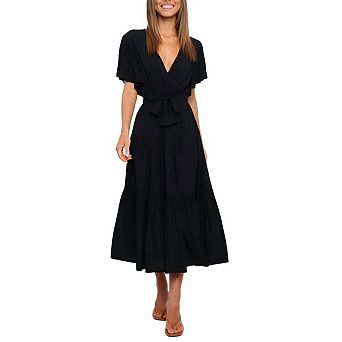 Women Summer Elegant Ruffle Short Sleeves v Neck Casual Flowy Maxi Dress with Belt