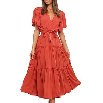 Women Summer Elegant Ruffle Short Sleeves v Neck Casual Flowy Maxi Dress with Belt