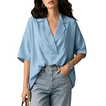 Short Sleeve Blouse for Womens Summer Casual Drop Shoulder V Neck Shirts Tops