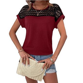 Women's Casual Formal Short Sleeve Lace Crew Neck Loose Drop Shoulder Short Sleeve