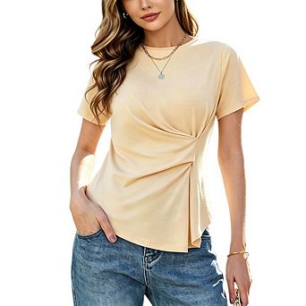 Women's Crew Neck Side Twist Ruched Irregular Hem Short Sleeve Slim Fit T Shirt Blouse