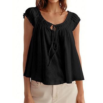 Women's Off The Shoulder Ruffle Cap Sleeve Tie Front Loose Flowy Babydoll Casual Blouse Top