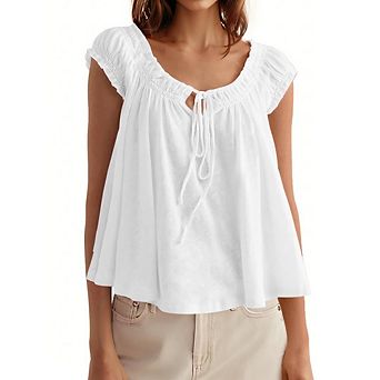 Women's Off The Shoulder Ruffle Cap Sleeve Tie Front Loose Flowy Babydoll Casual Blouse Top