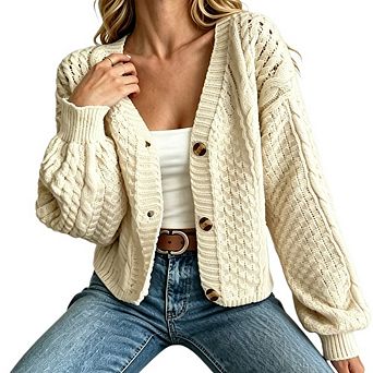 Women's V Neck Cable Knit Lantern Long Sleeve Cropped Button Front Knit Cardigan Sweater