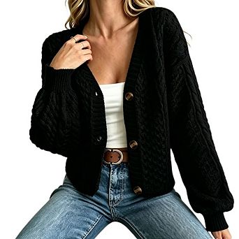 Women's V Neck Cable Knit Lantern Long Sleeve Cropped Button Front Knit Cardigan Sweater