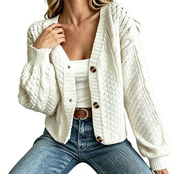 Women's V Neck Cable Knit Lantern Long Sleeve Cropped Button Front Knit Cardigan Sweater