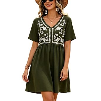 Women's V Neck Boho Floral Embroidery Short Sleeve Elastic Waist Flowy A Line Mini Casual Dress