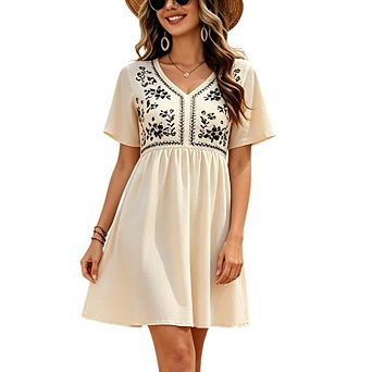 Women's V Neck Boho Floral Embroidery Short Sleeve Elastic Waist Flowy A Line Mini Casual Dress
