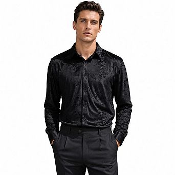 Men's Velvet Jacquard Rose Long Sleeve Button Down Shirt Luxury Shiny Party Dress Shirts