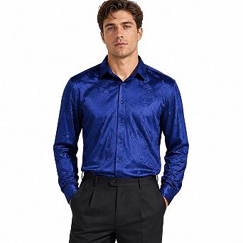 Men's Velvet Jacquard Rose Long Sleeve Button Down Shirt Luxury Shiny Party Dress Shirts