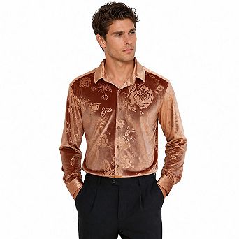 Men's Velvet Jacquard Rose Long Sleeve Button Down Shirt Luxury Shiny Party Dress Shirts