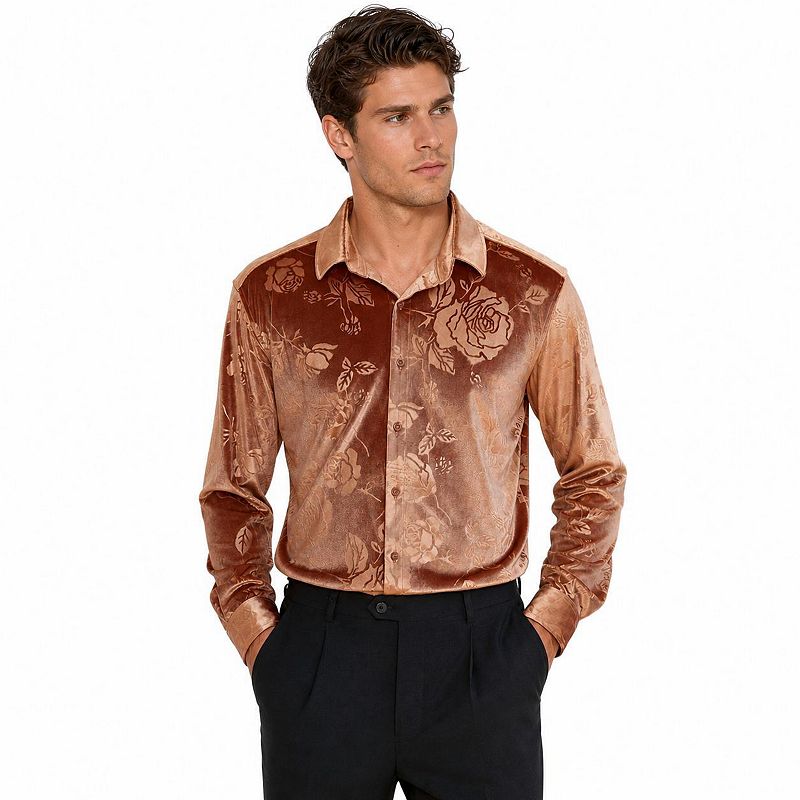 mens brown long sleeve dress shirts Men's Velvet Jacquard Rose Button Down Shirt Luxury Shiny Party I have this shirt