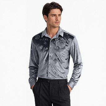 Men's Velvet Jacquard Rose Long Sleeve Button Down Shirt Luxury Shiny Party Dress Shirts