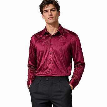 Men's Velvet Jacquard Rose Long Sleeve Button Down Shirt Luxury Shiny Party Dress Shirts