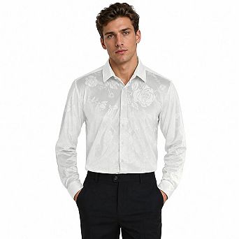 Men's Velvet Jacquard Rose Long Sleeve Button Down Shirt Luxury Shiny Party Dress Shirts