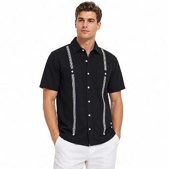 Men's Cuban Guayabera Short Sleeve Button Down Shirt Embroidery Pocket Beach Casual Shirts