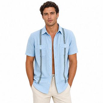 Men's Cuban Guayabera Short Sleeve Button Down Shirt Embroidery Pocket Beach Casual Shirts