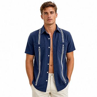 Men's Cuban Guayabera Short Sleeve Button Down Shirt Embroidery Pocket Beach Casual Shirts