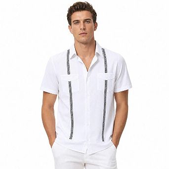 Men's Cuban Guayabera Short Sleeve Button Down Shirt Embroidery Pocket Beach Casual Shirts