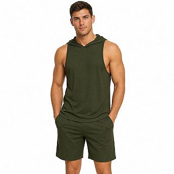 Men's Sleeveless Hooded Tank Top Shorts 2 pc Outfit Casual Athletic Workout Tracksuit Set