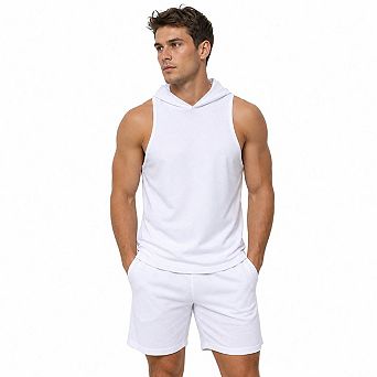 Men's Sleeveless Hooded Tank Top Shorts 2 pc Outfit Casual Athletic Workout Tracksuit Set