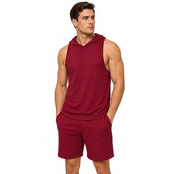 Men's Sleeveless Hooded Tank Top Shorts 2 pc Outfit Casual Athletic Workout Tracksuit Set