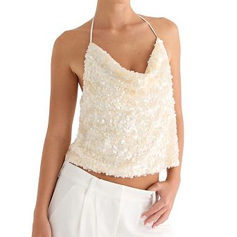 Women's Sequined Camisole Tank Top With Thin Straps Halter Neck And Sleeveless Design