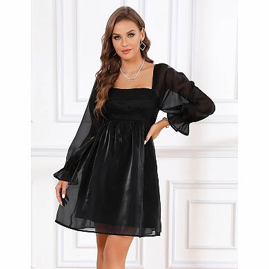 Women's Shiny Organza Puff Sleeve Mini Dress