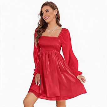 Women's Shiny Organza Puff Sleeve Mini Dress