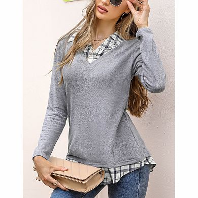 Women's Layered Plaid Collar V Neck Long Sleeve Top