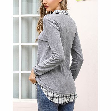 Women's Layered Plaid Collar V Neck Long Sleeve Top