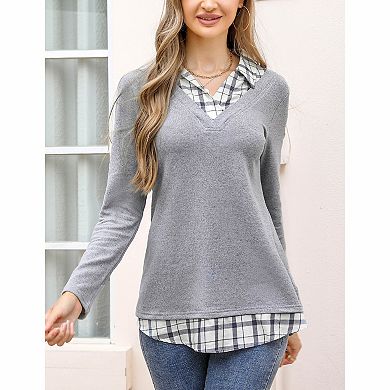 Women's Layered Plaid Collar V Neck Long Sleeve Top