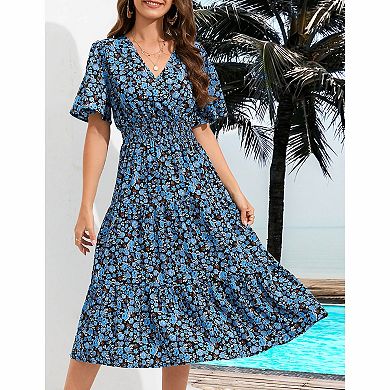 Women's Wrap Tiered Midi Dress with Flutter Sleeves