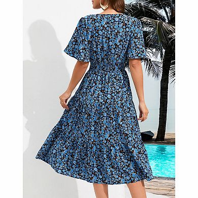 Women's Wrap Tiered Midi Dress with Flutter Sleeves