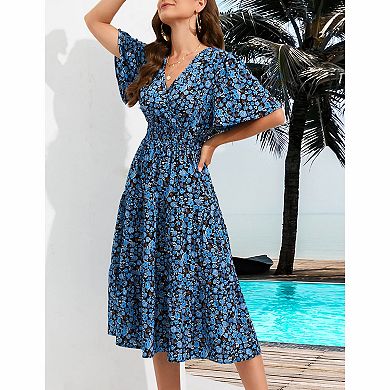 Women's Wrap Tiered Midi Dress with Flutter Sleeves