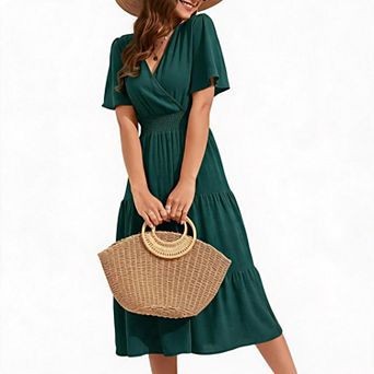 Women's Wrap Tiered Midi Dress with Flutter Sleeves
