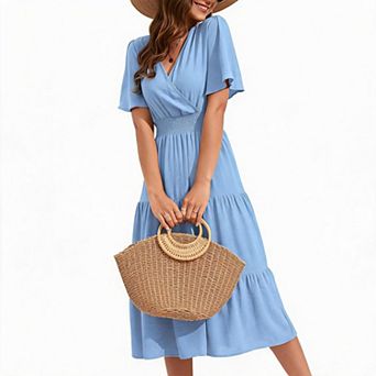 Women's Wrap Tiered Midi Dress with Flutter Sleeves