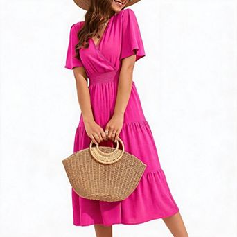 Women's Wrap Tiered Midi Dress with Flutter Sleeves