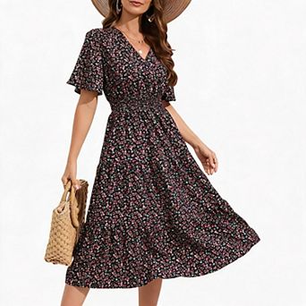 Women's Wrap Tiered Midi Dress with Flutter Sleeves