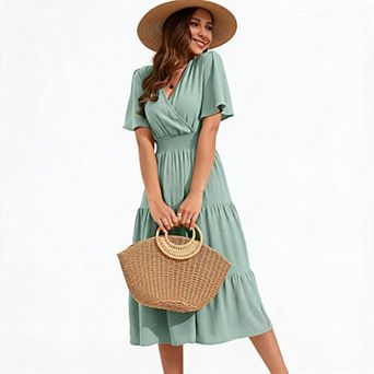 Women's Wrap Tiered Midi Dress with Flutter Sleeves