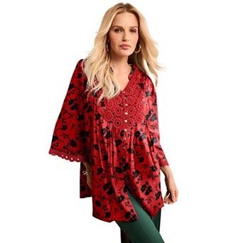 Roaman's Women's Plus Size Juliet Lace Trim Button-Down Shirt