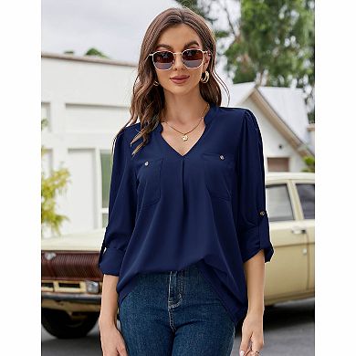 Women's Split V-Neck Pocket Long Sleeve Office Blouse