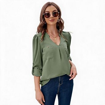 Women's Split V-Neck Pocket Long Sleeve Office Blouse