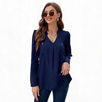 Women's Split V-Neck Pocket Long Sleeve Office Blouse