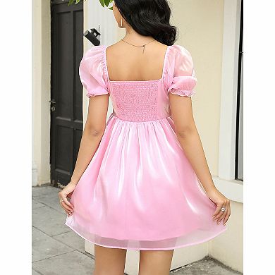Women's Shiny Organza Puff Sleeve Mini Dress